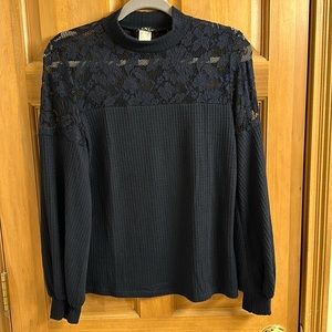 Waffle Mock-Neck Lace Top